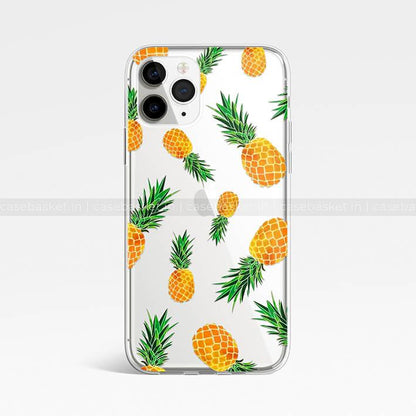 Clear phone case with vibrant pineapple pattern, compatible with iPhone, tropical design