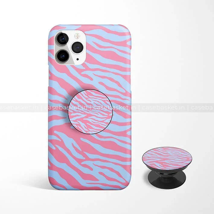 Pink and blue zebra pattern phone case with matching pop socket for mobile protection