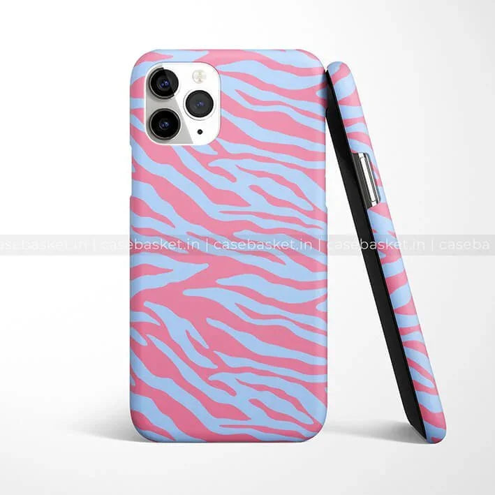 Pink and blue zebra print phone case for iPhone with stylish, protective design