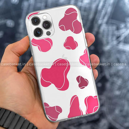 Clear phone case with abstract pink shapes design held in hand