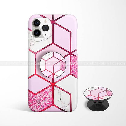 Pink geometric hexagon phone case with matching pop socket and marble accents