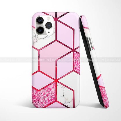 Pink geometric marble phone case with hexagon pattern and glitter accents for iPhone.