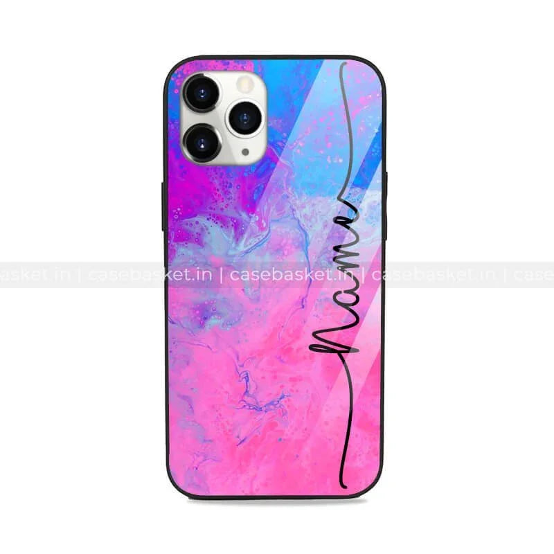 Pink and blue marble pattern phone case with customizable name text, stylish mobile cover