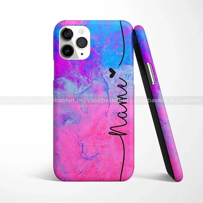 Colorful pink and blue marble phone case with customizable name text for iPhone