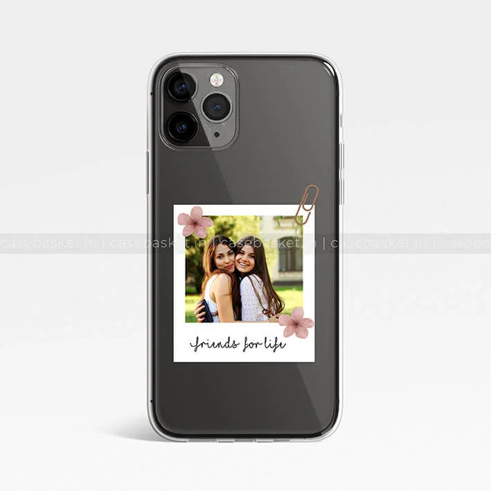 Black mobile phone case with polaroid-style friends for life print and floral accents