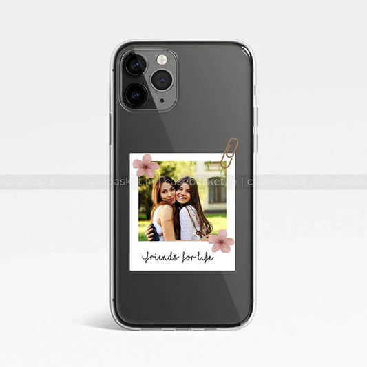 Black mobile phone case with polaroid-style friends for life print and floral accents