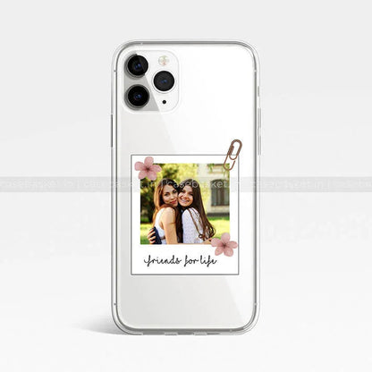 Clear phone case with Polaroid-style friends photo, floral accents, and 'friends for life' text.