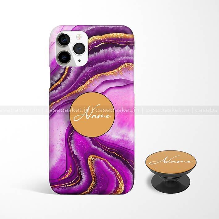 Purple marble phone case with gold accents and personalized pop socket on white background
