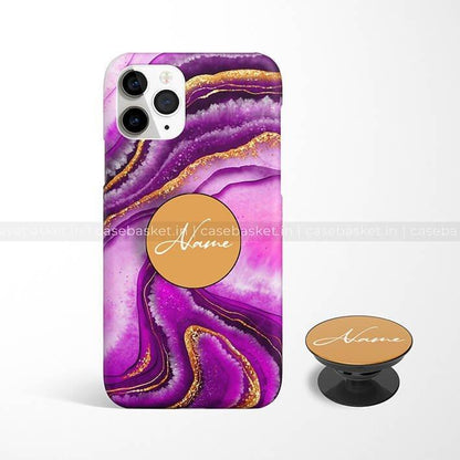 Purple marble phone case with gold accents and personalized pop socket on white background