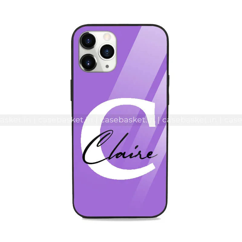 Purple mobile phone case with large white letter C and 'Claire' text in black script