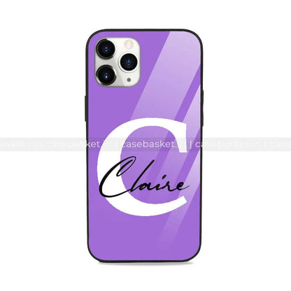 Purple mobile phone case with large white letter C and 'Claire' text in black script