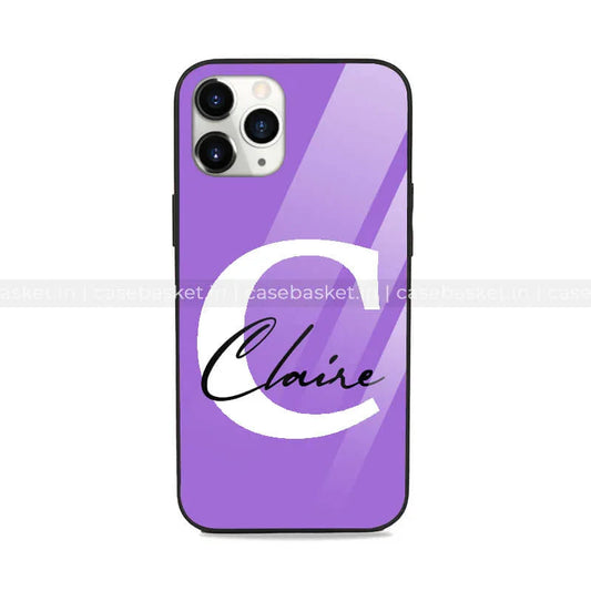 Purple mobile phone case with large white letter C and 'Claire' text in black script