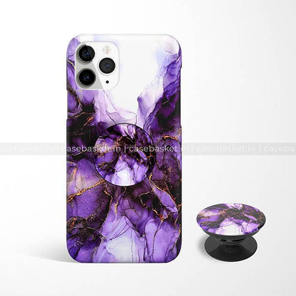 Purple marble pattern phone case with matching pop socket, abstract gold veining, for smartphones