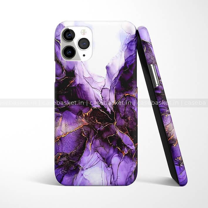 Purple marble design phone case with gold accents for iPhone
