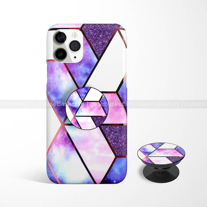 Purple geometric phone case with pop socket, abstract galaxy pattern, glitter accents