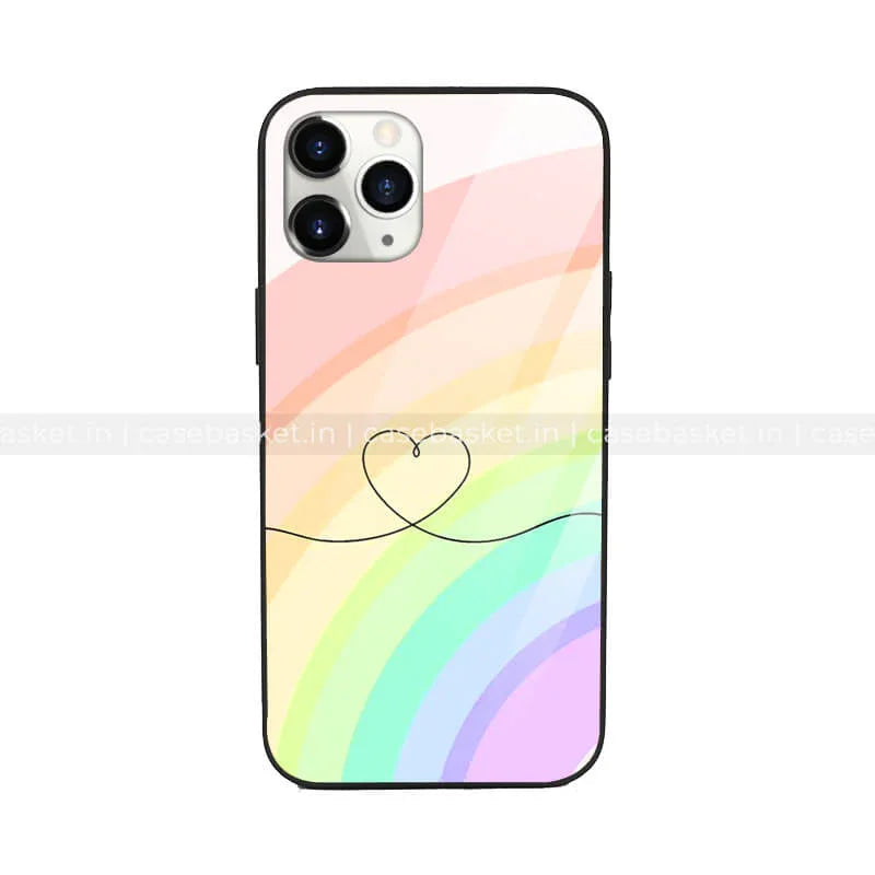 Rainbow phone case with pastel colors and a minimal heart line design