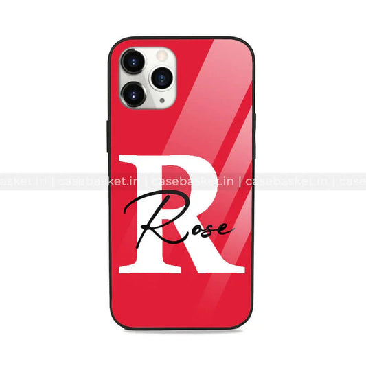 Glossy red phone case with large white 'R' and script 'Rose' design, compatible with iPhone.