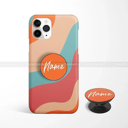 Multicolor wavy pattern phone case with matching orange pop socket reading 'Name'.