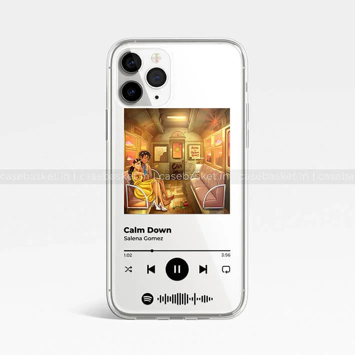 Transparent iPhone case with Calm Down music player design, animated couple artwork, subway setting