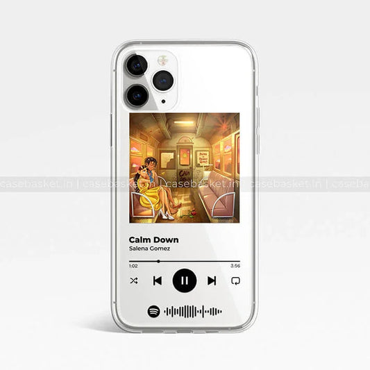 Transparent iPhone case with Calm Down music player design, animated couple artwork, subway setting