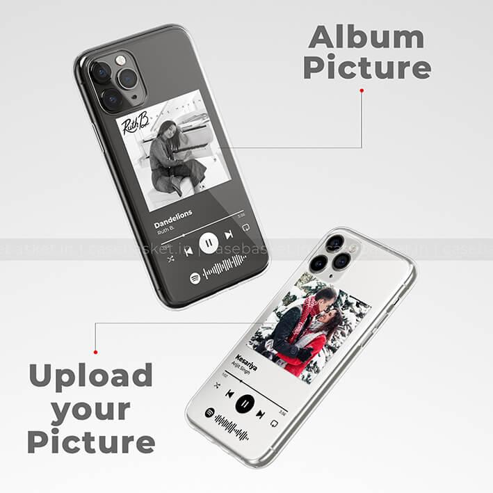 Custom photo music player phone cases showing album cover and personalized picture designs.