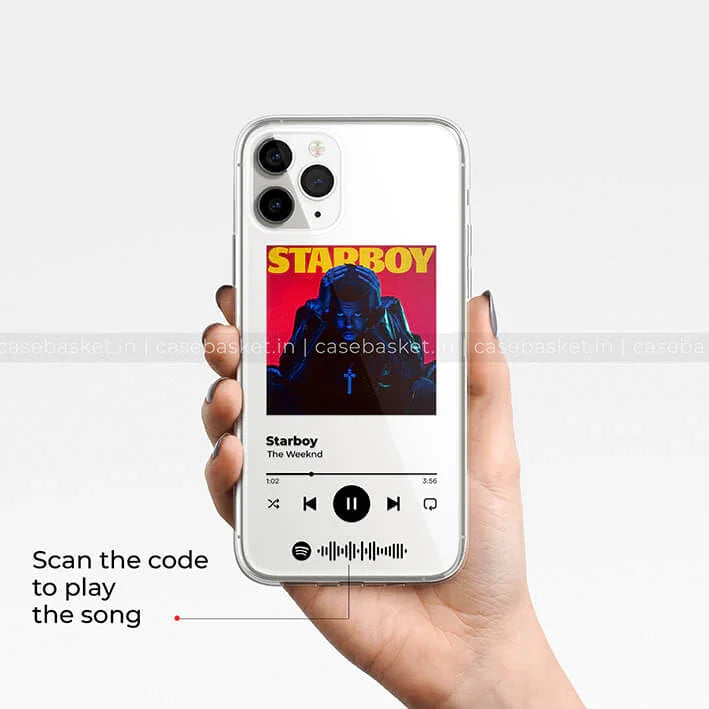 Hand holding iPhone with Starboy music album cover phone case, music player design, and scan code.