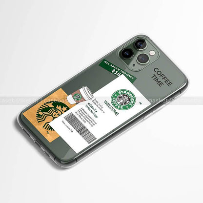 Green phone case with coffee cup, logo, bag, and welcome ticket design, for iPhone