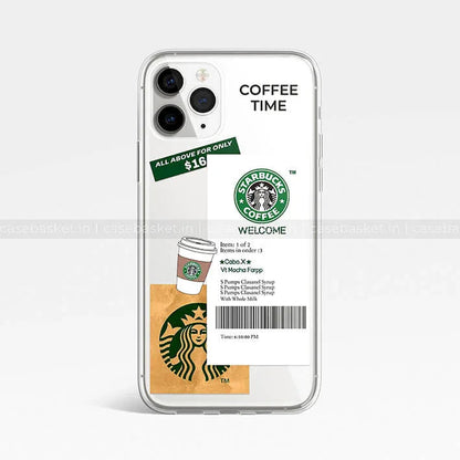 Clear phone case with coffee shop logo, coffee cup illustration, and order receipt design