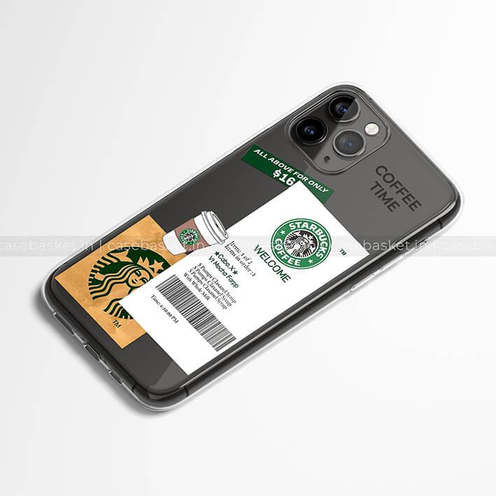 Transparent phone case with coffee-themed designs, including a cup, logo, and ticket print.