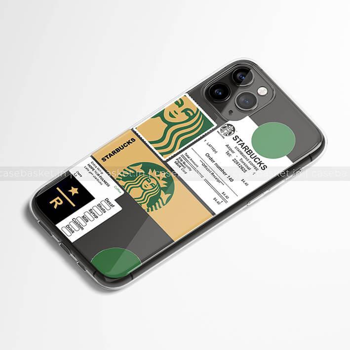 iPhone case with collage design featuring coffee-themed graphics and green accent circles