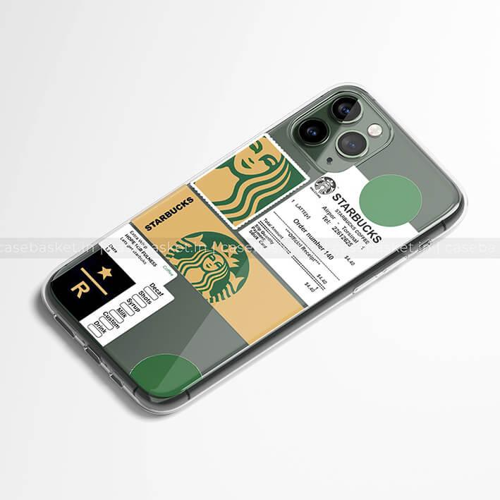 Green and beige Starbucks theme phone case with logos and coffee receipt design for iPhone
