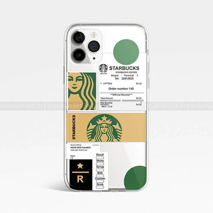 Transparent phone case with coffee receipt, green logo, and Starbucks-themed graphics