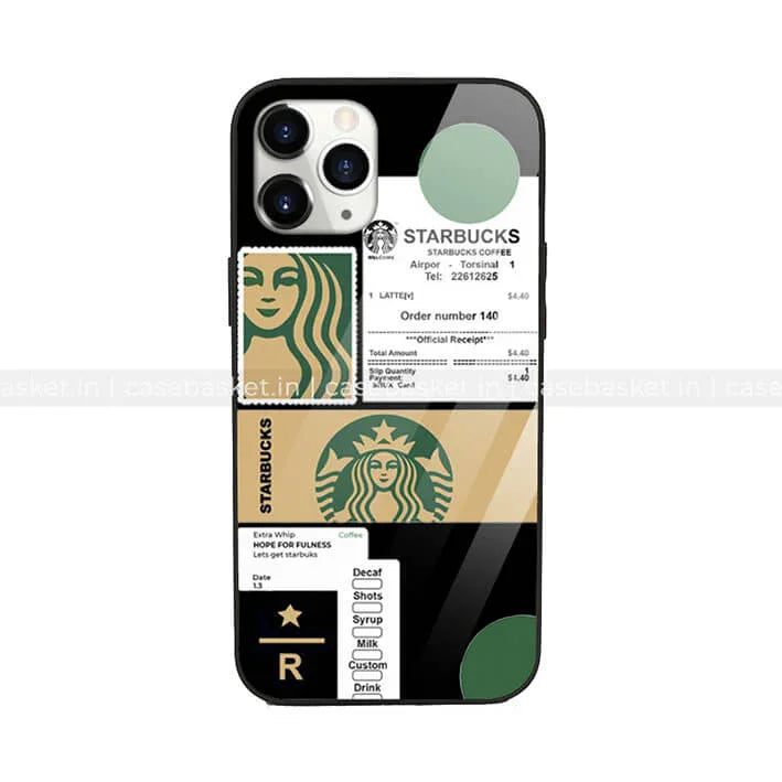 Smartphone case with coffee-themed graphics, order receipt details, and green logo pattern