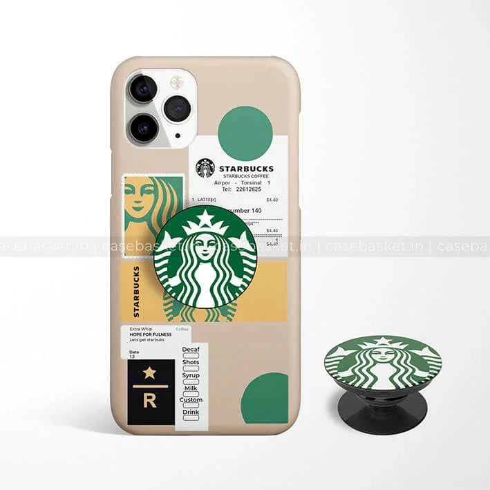 Beige phone case with coffee shop label design and matching green pop holder