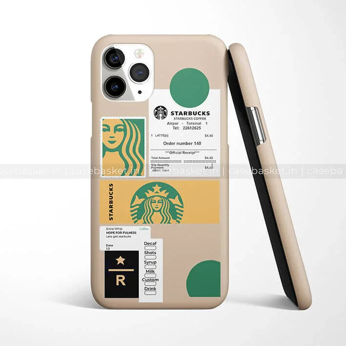 Beige phone case with coffee-themed sticker design and green mermaid logos
