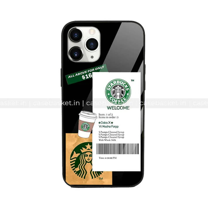 Glossy mobile phone case with coffee cup, receipt, and green logo design for trendy look.