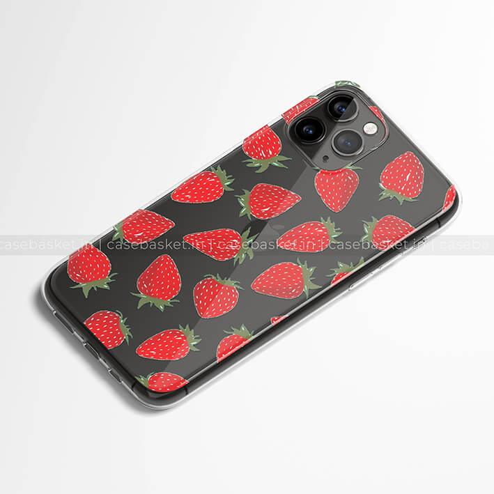 Black phone case with red strawberry pattern for iPhone, stylish fruit design cover