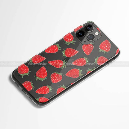 Black phone case with red strawberry pattern for iPhone, stylish fruit design cover