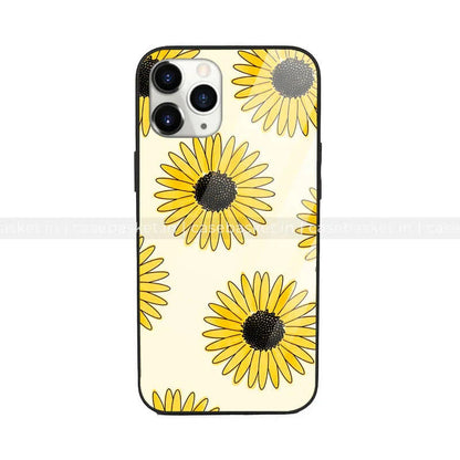 Yellow sunflower pattern phone case with black camera cutout on white background