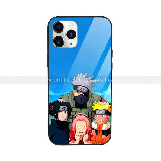 Anime phone case with four cartoon ninja characters on a blue background, glossy finish