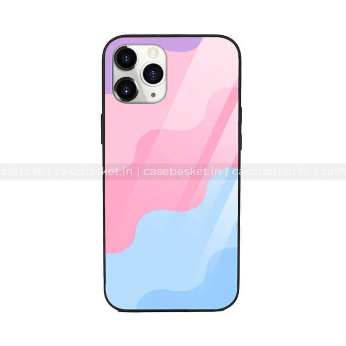 Glossy phone case with abstract pink and blue wavy design for mobile protection