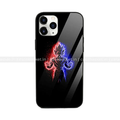 Glossy black phone case with anime character silhouette, blue and red energy aura design