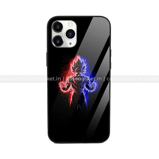 Glossy black phone case with anime character silhouette, blue and red energy aura design
