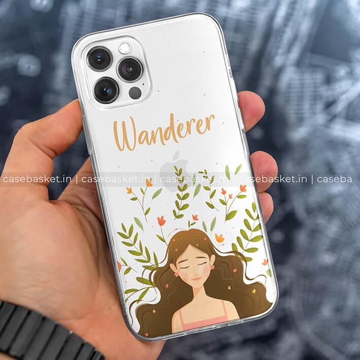 Clear phone case with 'Wanderer' text, floral design, and peaceful girl illustration