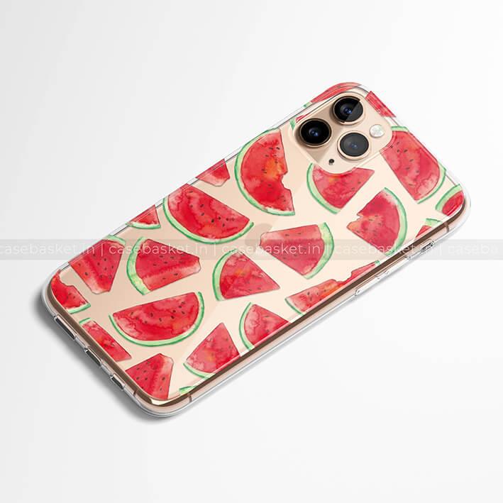 iPhone clear phone case with red watermelon slice print on white background