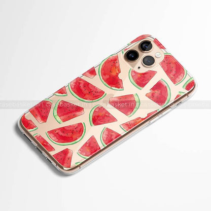iPhone clear phone case with red watermelon slice print on white background