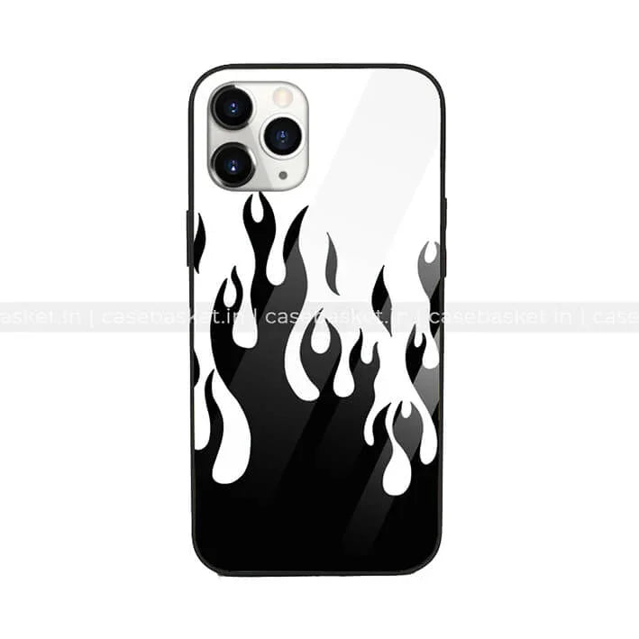 Black glass phone case with bold white flame design for smartphones