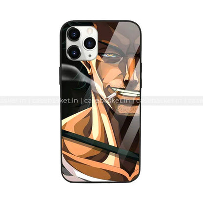 Anime character glass phone case with sword design for iPhone, glossy finish