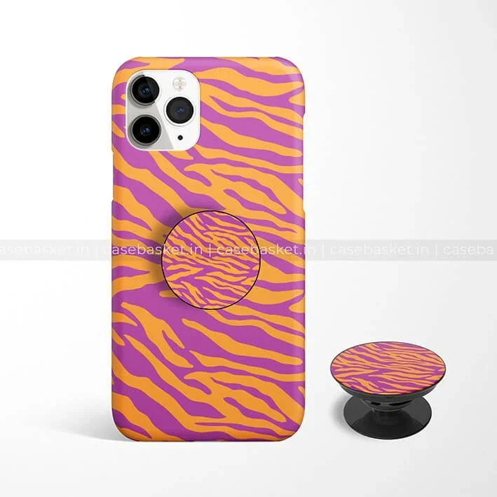 Yellow and purple tiger stripe phone case with matching pop socket for smartphones