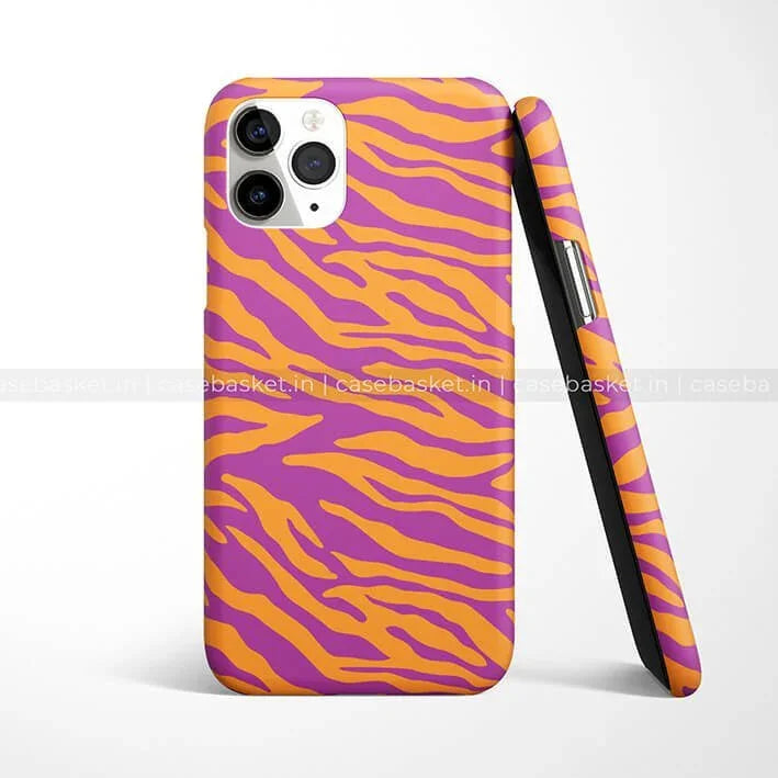 Purple and yellow zebra print phone case for iPhone, stylish animal pattern cover